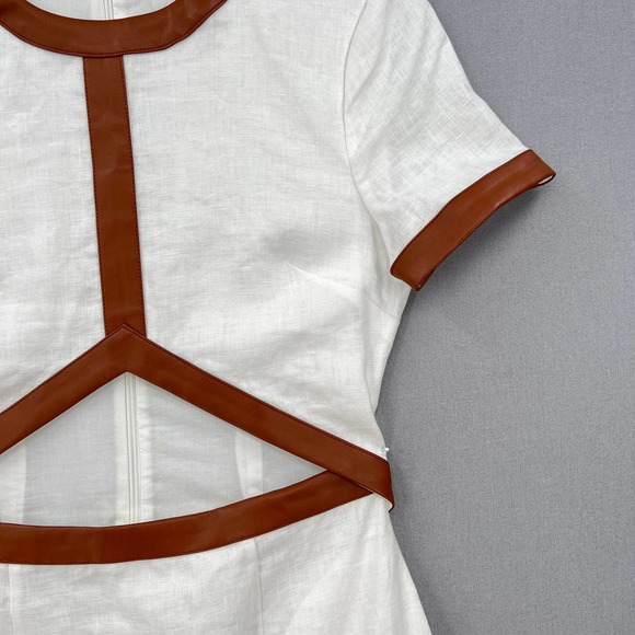 STAUD Dress Womens Small White Whiskey Perla Midi Linen Cut Out Sheath Leather - Picture 8 of 16